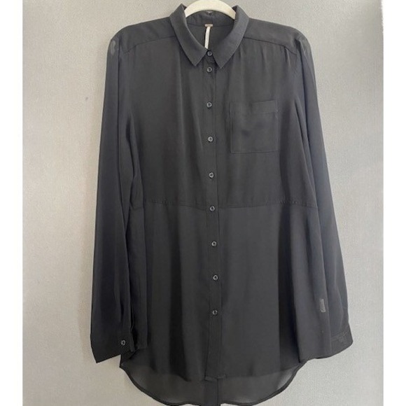 Free People Tops - Free People Womens Large Black Mixed Media Sheer Panel lined Button Down Shirt